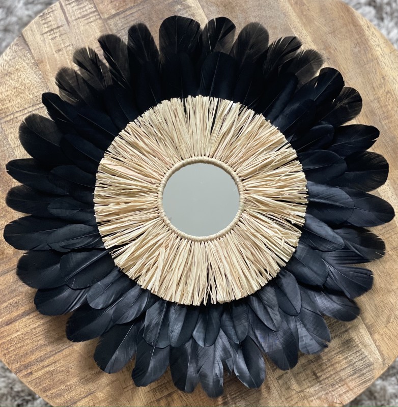 Tableau de plumes Jujuhat centre miroir raphia